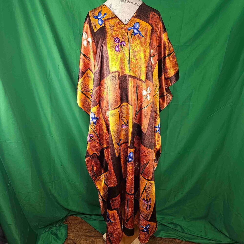 Barbizon Womens Gold V Neck Floral Loose Fit Kaftan Dress One‎ Size Mrs Roper